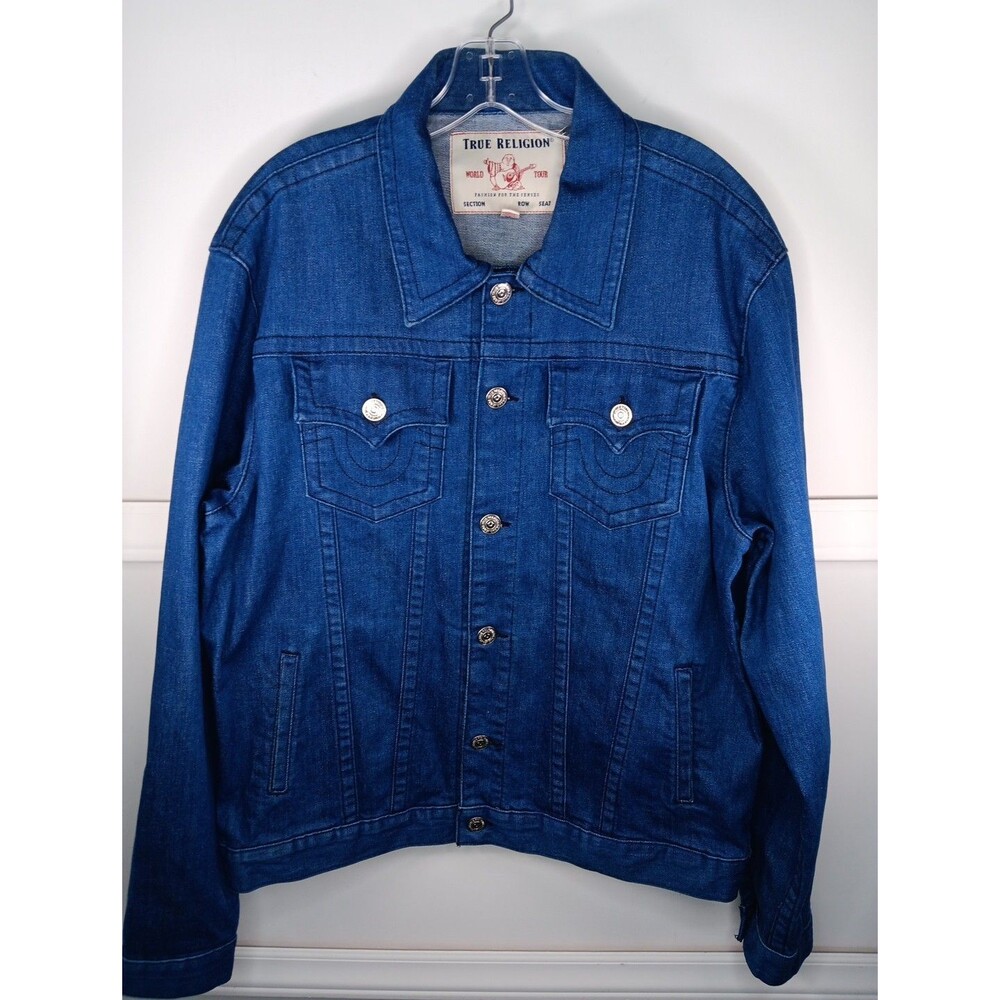 True Religion Denim Trucker Jacket XXL Blue Button Front Long Sleeves EUC